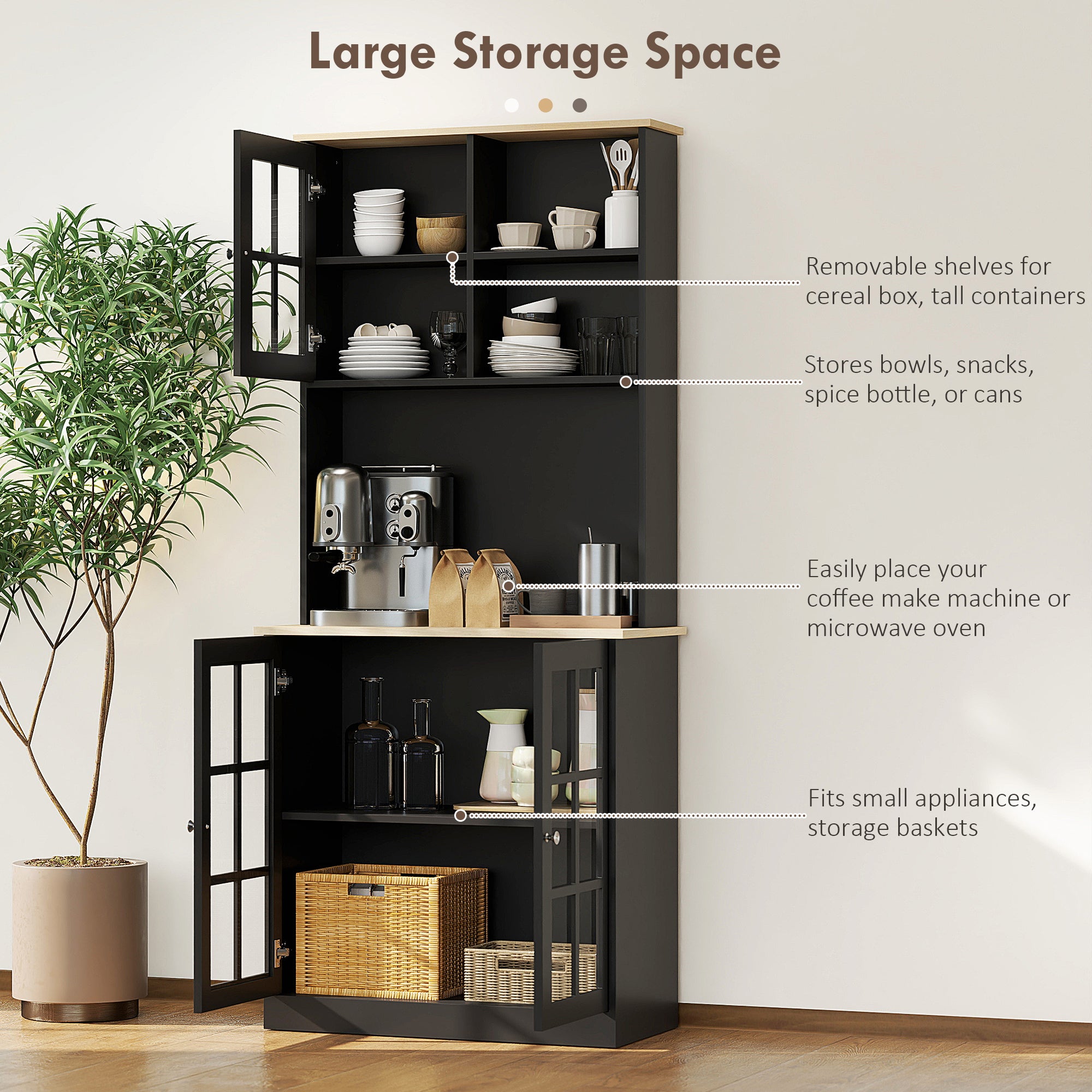 72" Kitchen Pantry Storage Cabinet with Hutch, Large Countertop, Glass Doors and Adjustable Shelves, Black