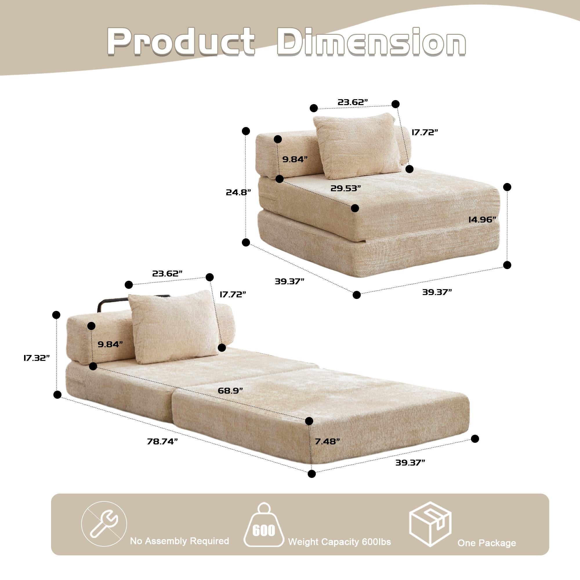 Compressed Sofa Single Seater Modular Sectional with Chenille Fabric, Modular Sofas for Small Spaces Convertible Floor Sofa Bed, 39.5" L x 39.5" W x 25" H, Beige