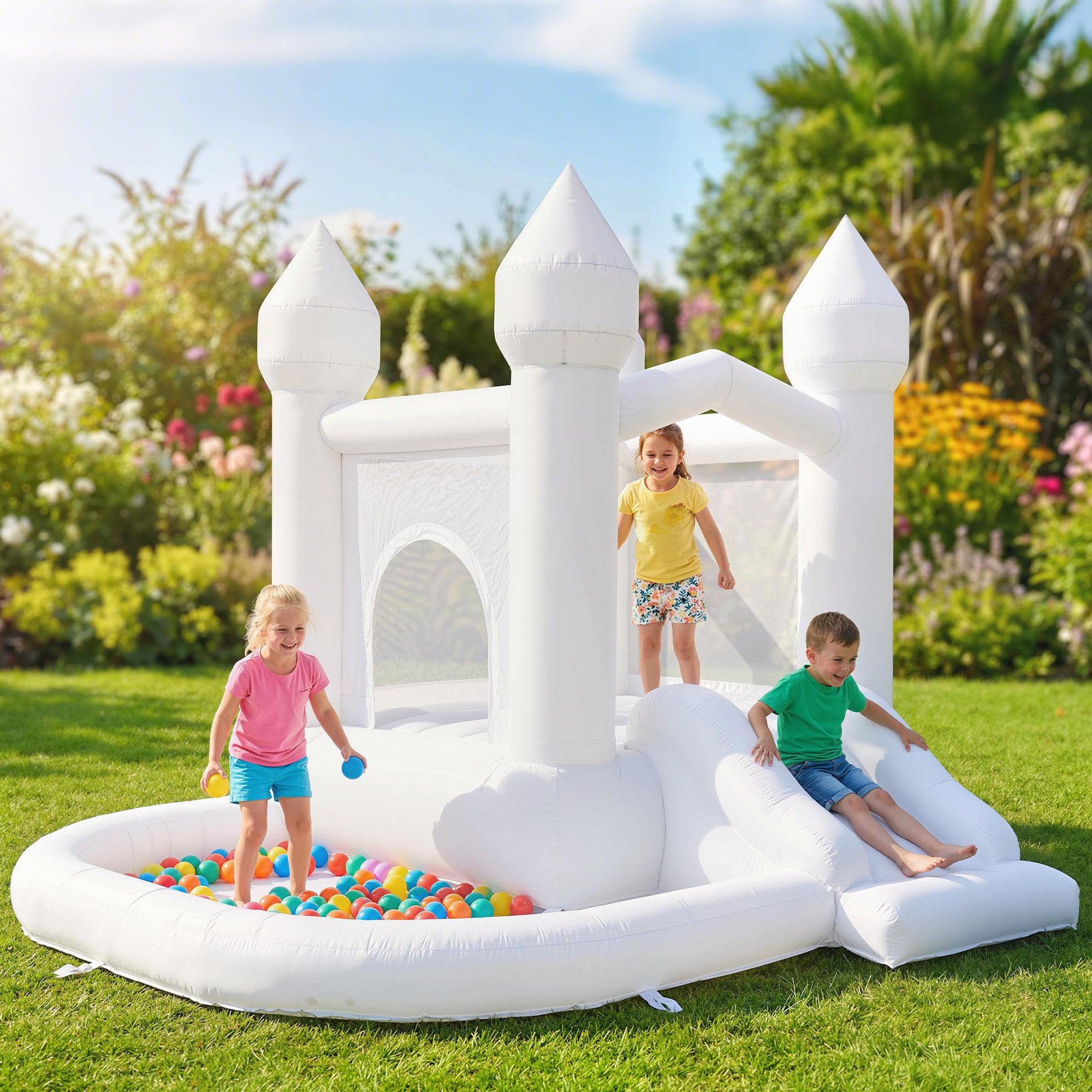 Inflatable Bounce House, 3-in-1 White Castle Bouncy House with Slide, Ball Pit and 370W Blower for Kids Ages 3-8, White