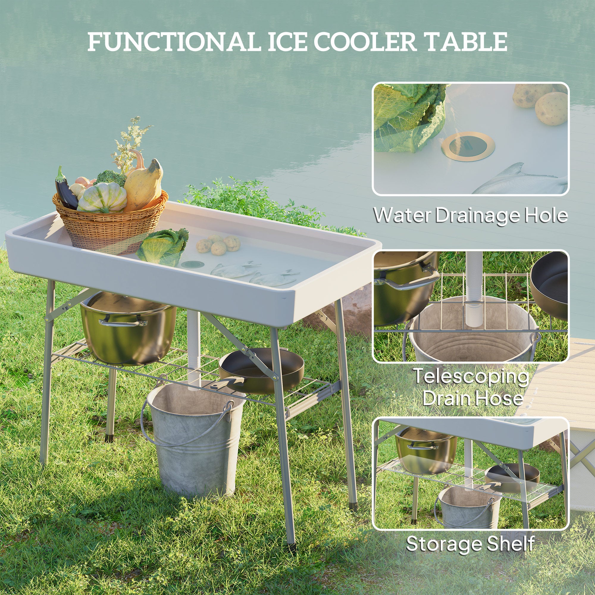 3.4ft Folding Ice Cooler Table with Drain, Fill and Chill Table Outdoor Table Cooler with Storage Shelf, Drink Cooler for Parties Picnic BBQ Camping Wedding, White