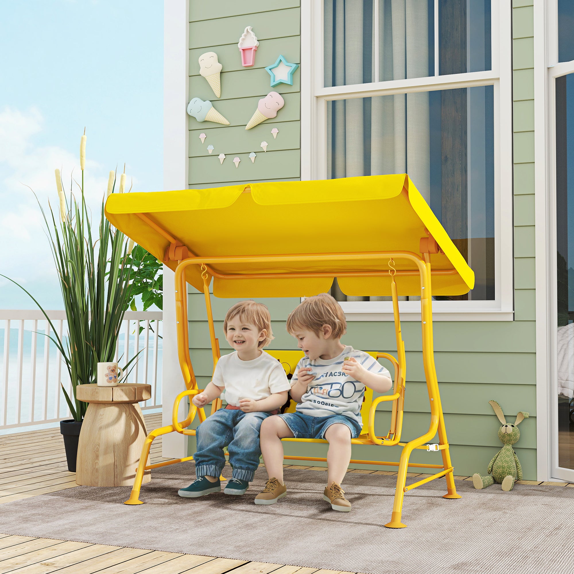 Kids Patio Swing Chair with Adjustable Canopy, Safety Belt for Patio, Garden, Poolside, Balcony, Yellow