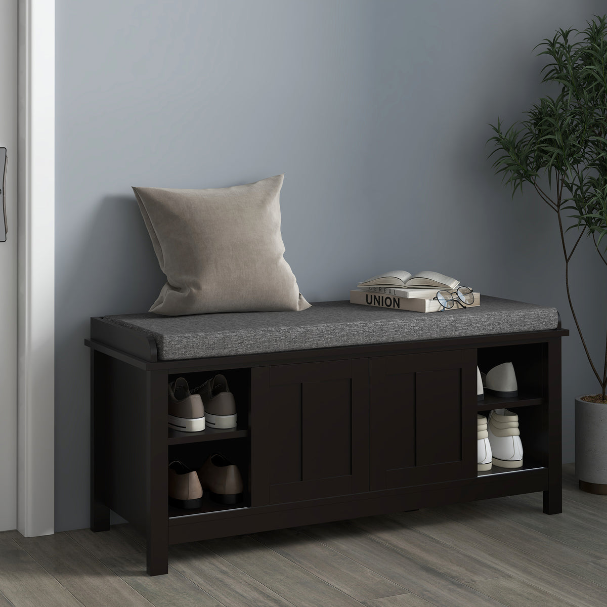 Modern Shoe Storage Bench, Entry Way Bench with Cushion, 2 Sliding Doors, Storage Ottoman Bench, Holds 10 Pairs, Black