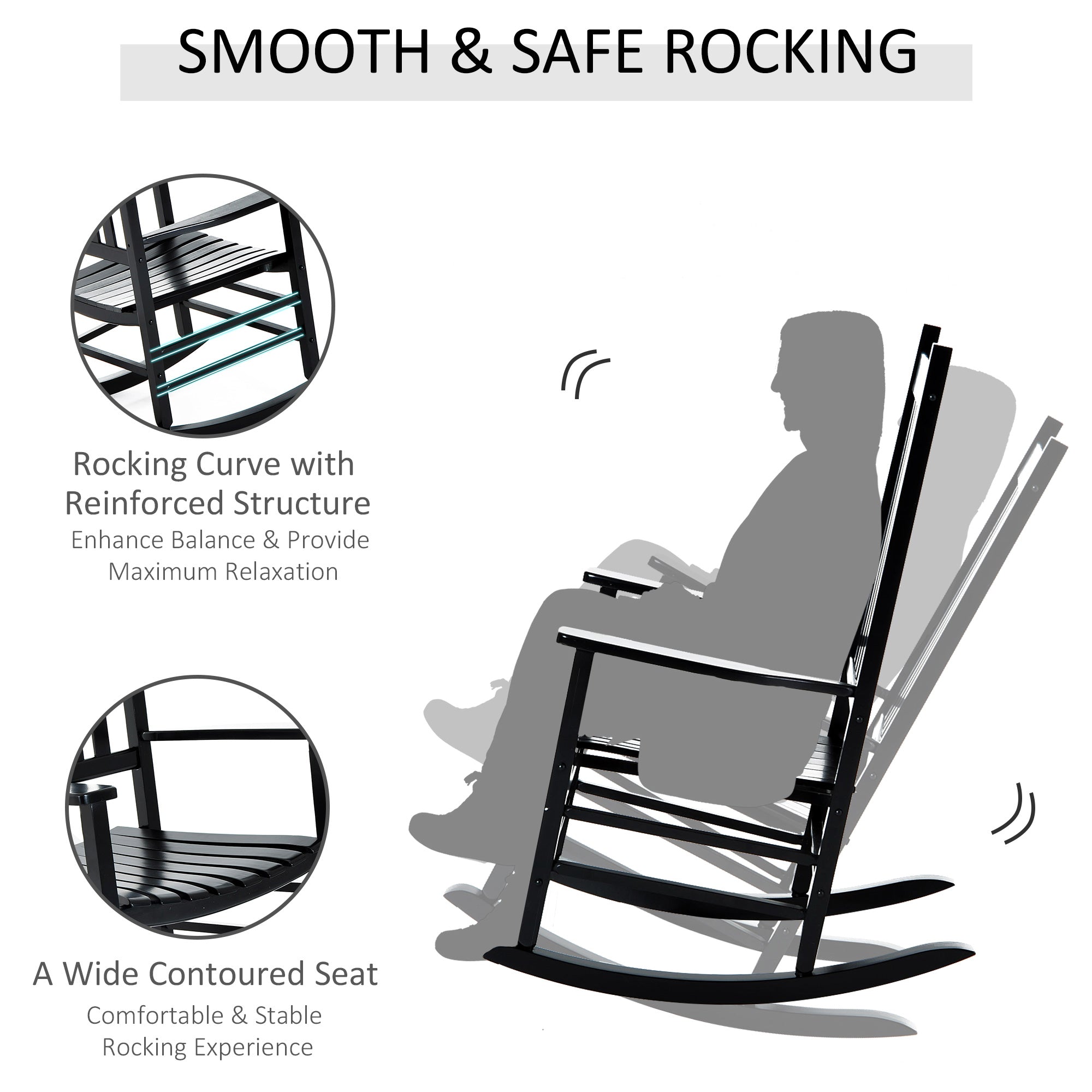 Wooden Outdoor Rocking Chair with Armrests, High Back for Garden, Patio, Balcony, Porch, Black