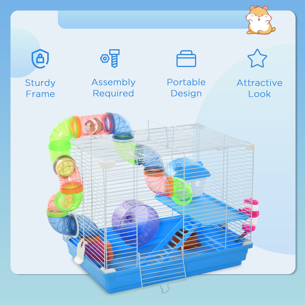 2-Level Hamster Cage Rodent Gerbil House Mouse Mice Rat Habitat Metal Wire with Exercise Wheel, Play Tubes, Water Bottle, Food Dishes, & Interior Ladder