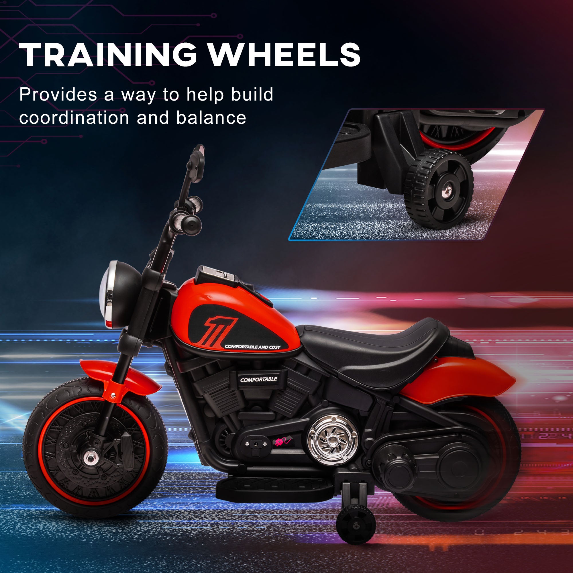 6V Kids Motorcycle w/ Training Wheels, Single-Button Start, Red