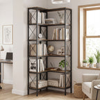 5-Tier L-Shaped Bookshelf, Freestanding Bookcase with Metal Frame, Rustic Brown