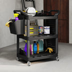 3-Tier Rolling Tool Cart, 200 LBS Capacity Plastic Utility Cart with Side Shelf and Storage Bucket, Black