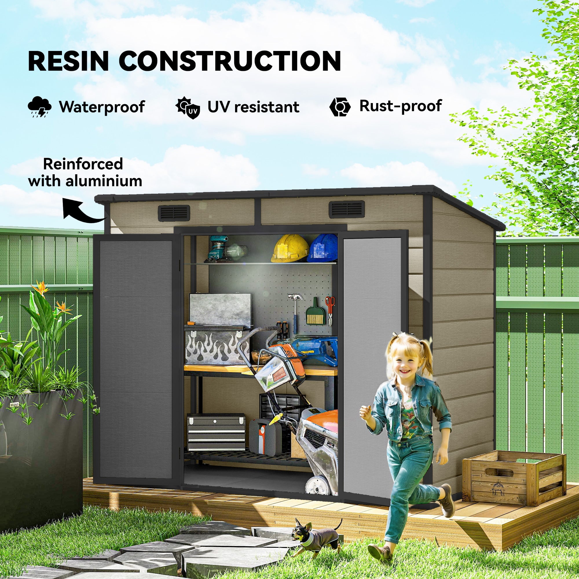 8' x 4' Plastic Outdoor Storage Shed with Floor, Window, Lockable Doors and Vents for Backyard Patio Lawn, Light Brown