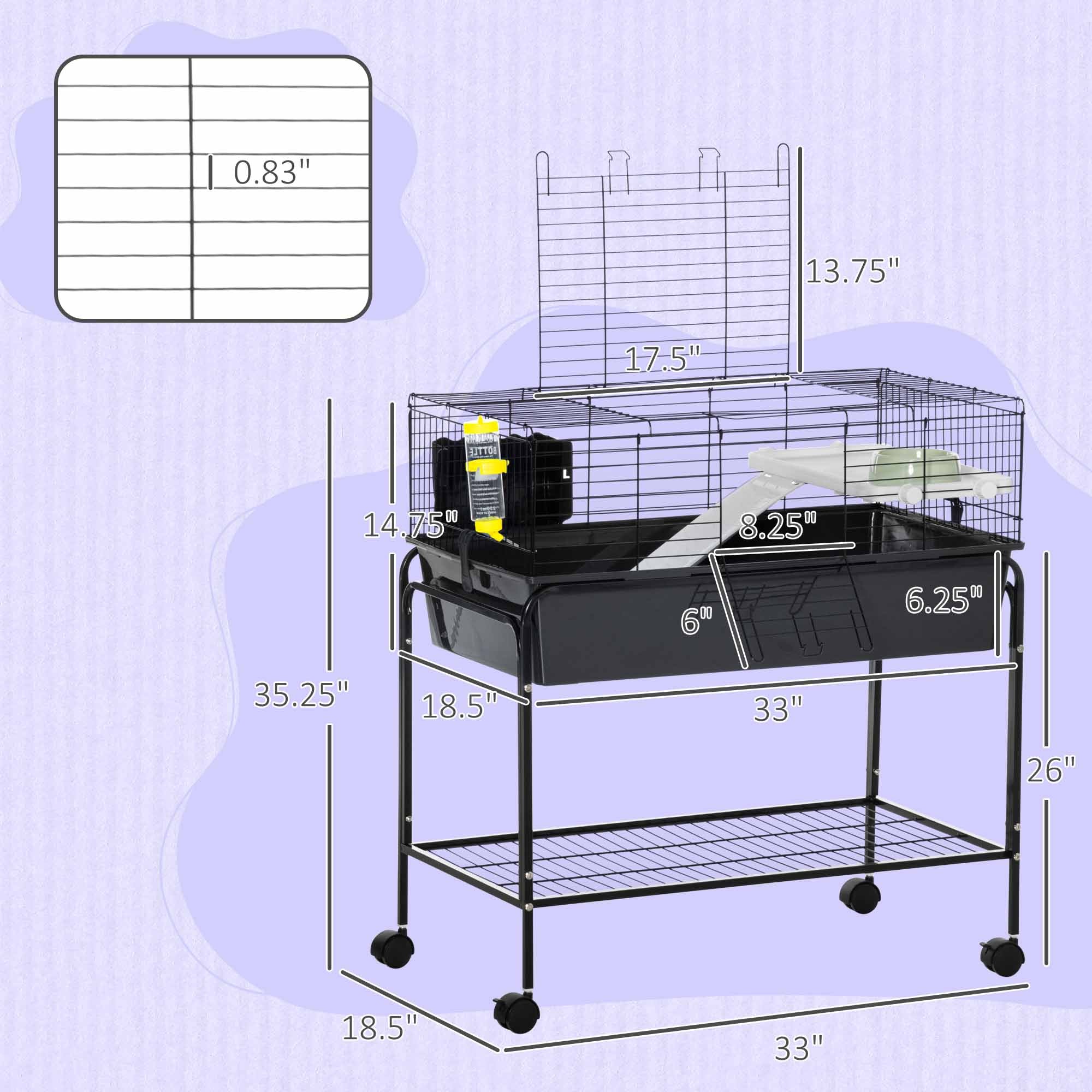 Two-Story Small Animal Cage Removable from Stand, Pet Habitat with Shelf & Wheels, 33" x 18.5" x 35", Charcoal Gray