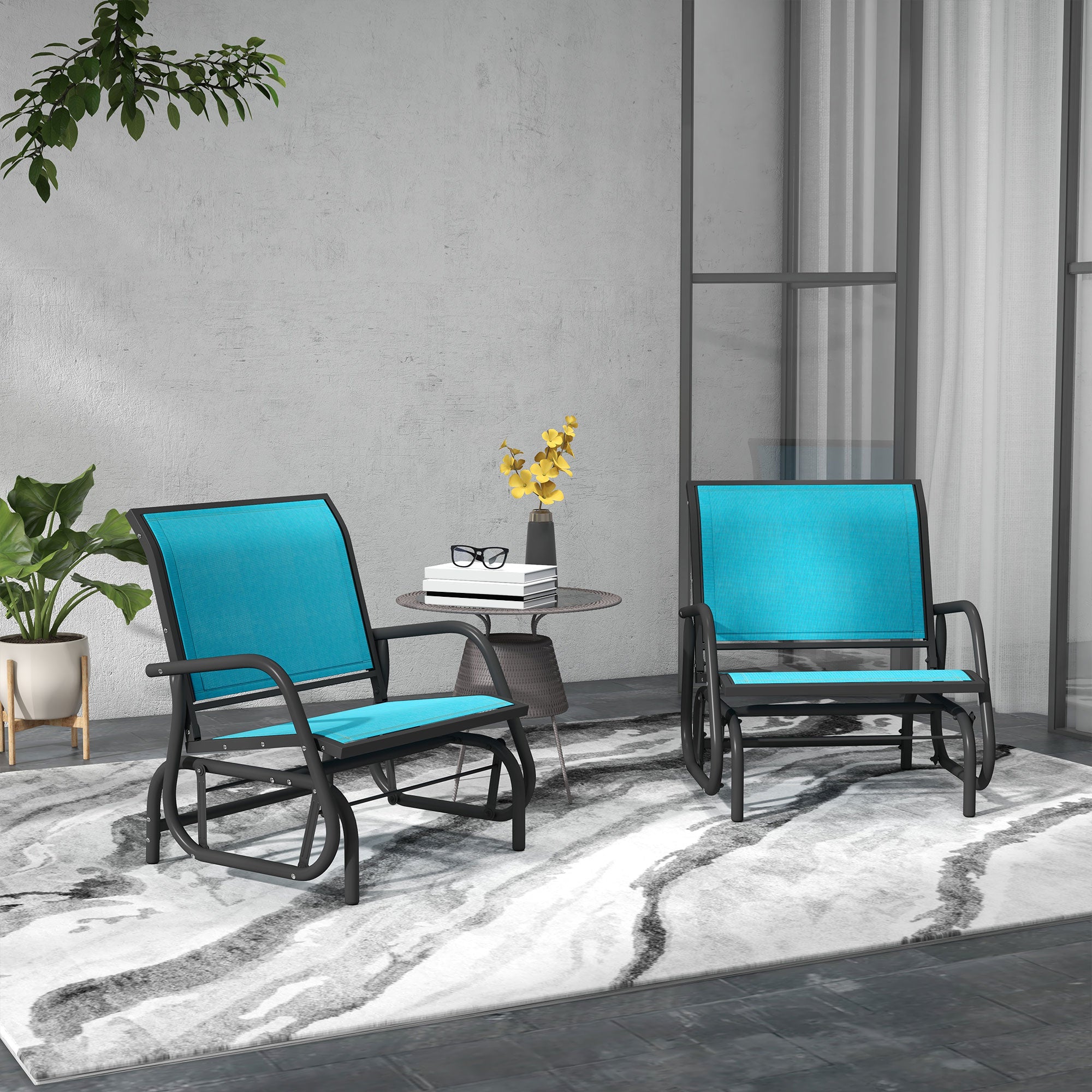 2 Pieces Outdoor Glider Chair, Steel Swing Chai with Curved Armrests for Porch, Garden, Poolside, Balcony, Blue