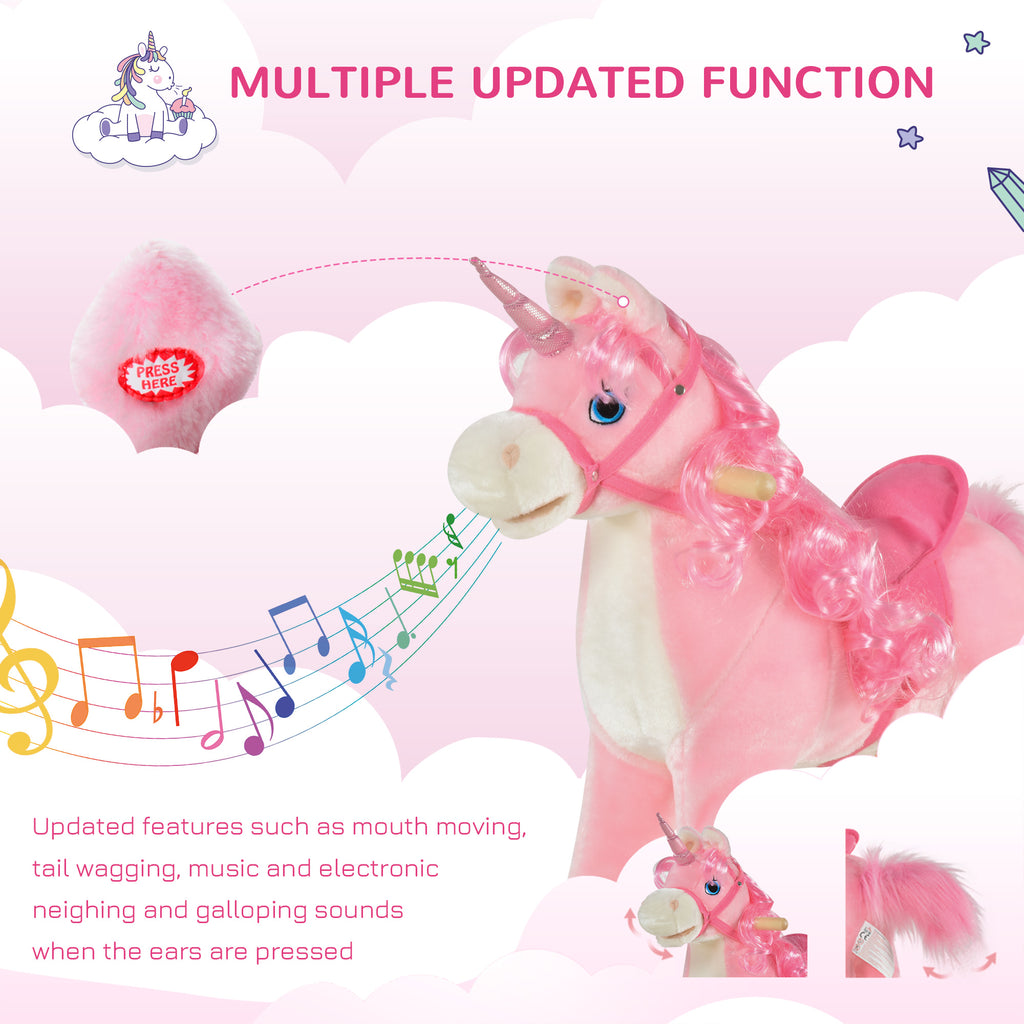Kids Rocking Horse, Ride on Unicorn with Wooden Base, Tail Wag & Sounds for Toddlers 3-6 Years Old, Pink