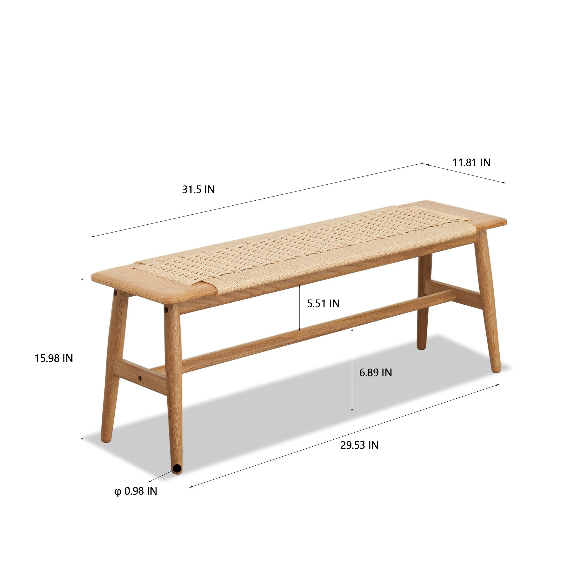 Solid Dining Bench with Handwoven Cane Seat, Breathable Wood Bench for Dining Room or Bedroom, 31.5″ L x 12″ W x 16″ H, Oak