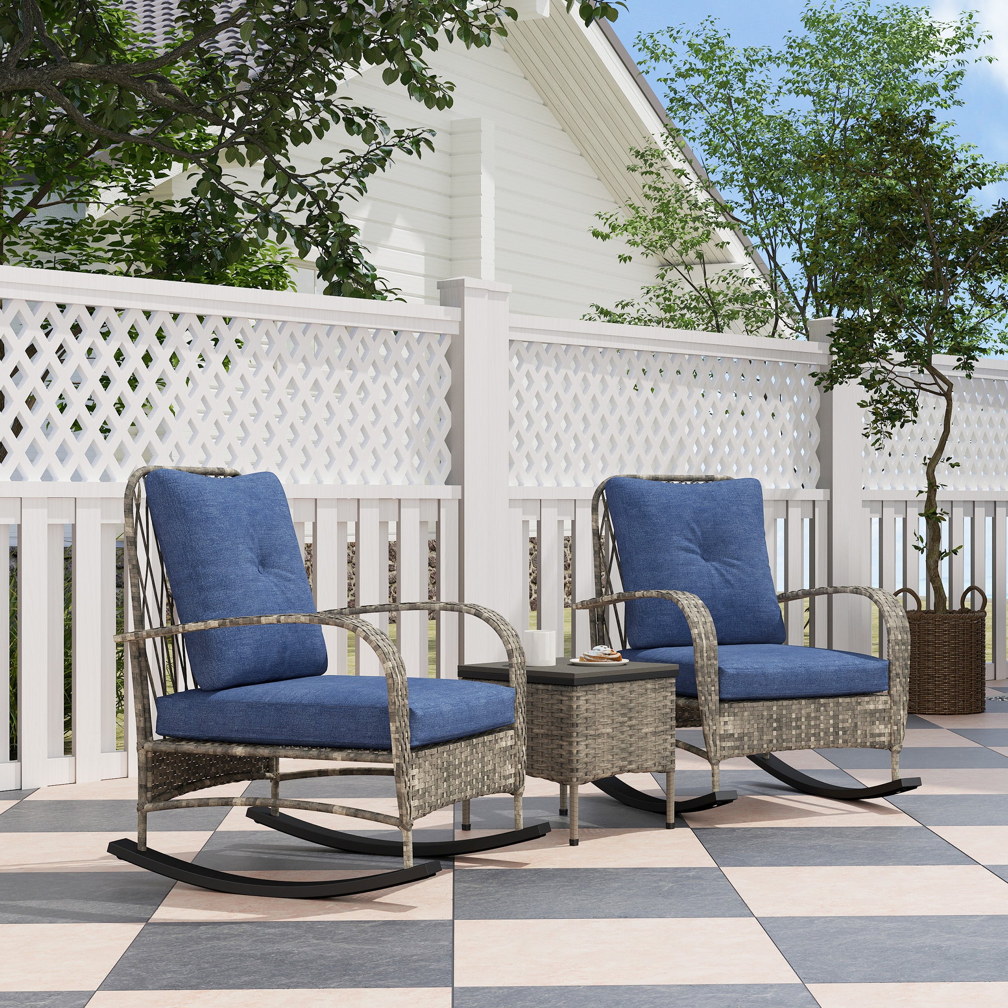 3 Piece Wicker Patio Furniture Set, Outdoor PE Rattan Rocking Chairs with Coffee Table, Cushions for Porch, Gray