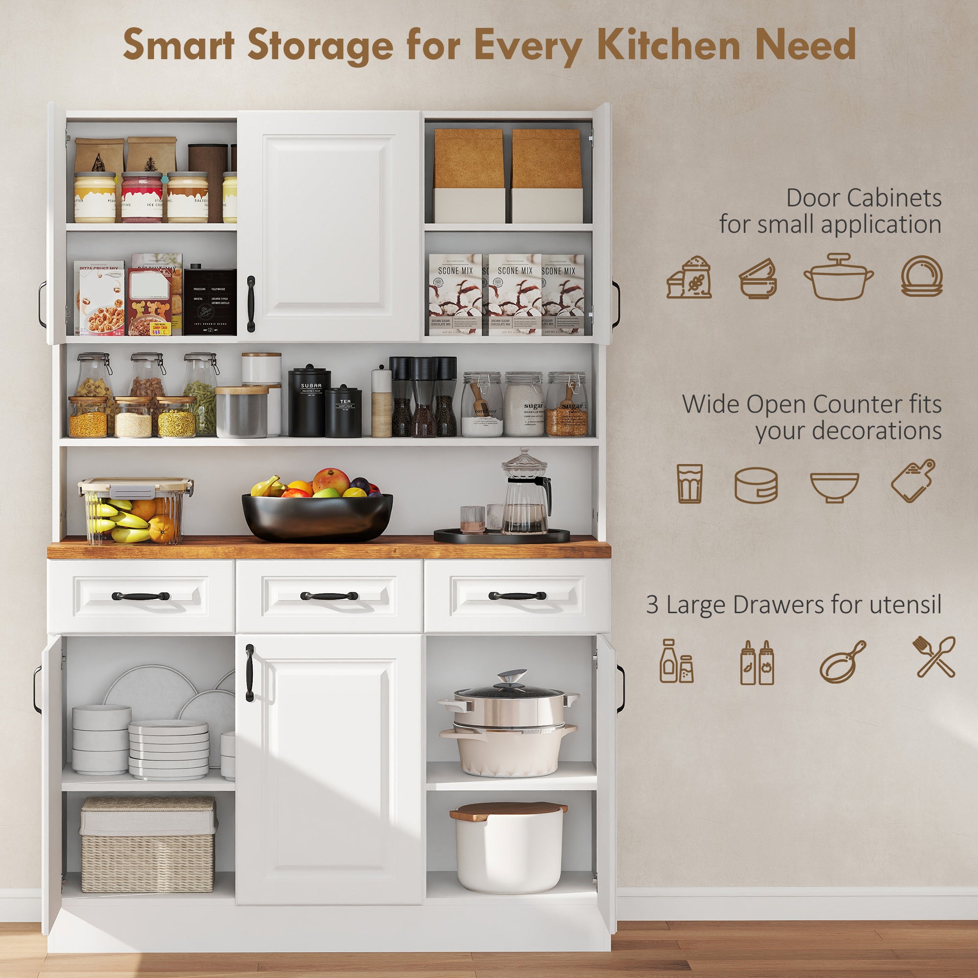71" Kitchen Pantry Cabinet, Freestanding Farmhouse Storage Cabinet with Wide 2-Tier Microwave Stand Countertop, 3 Drawers, 6 Soft Closing Doors, and Adjustable Shelves, Cable Management, White