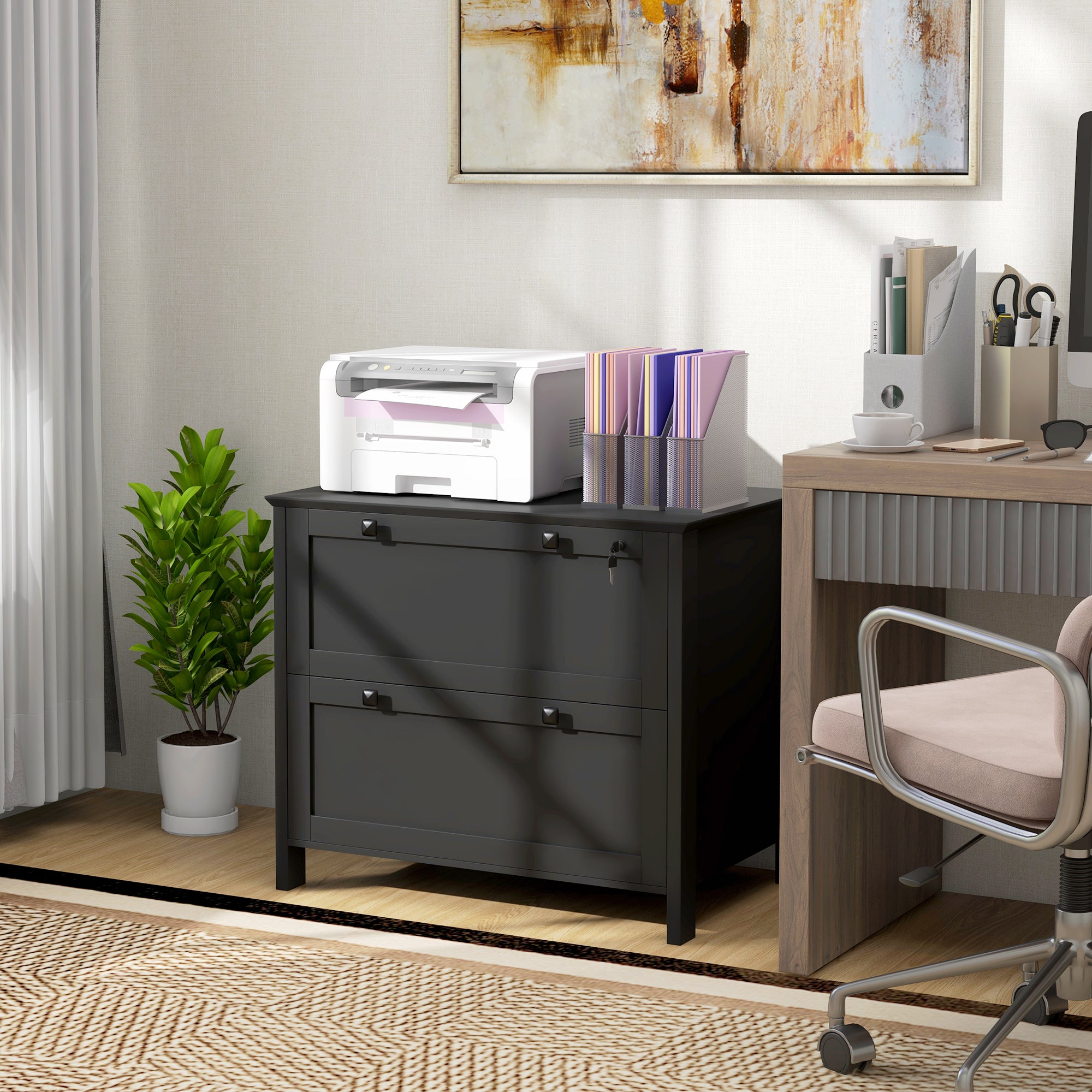 Lateral File Cabinet, 2 Drawer Filing Cabinet with Adjustable Hanging Bar for Letter, A4 and Legal Size, Black