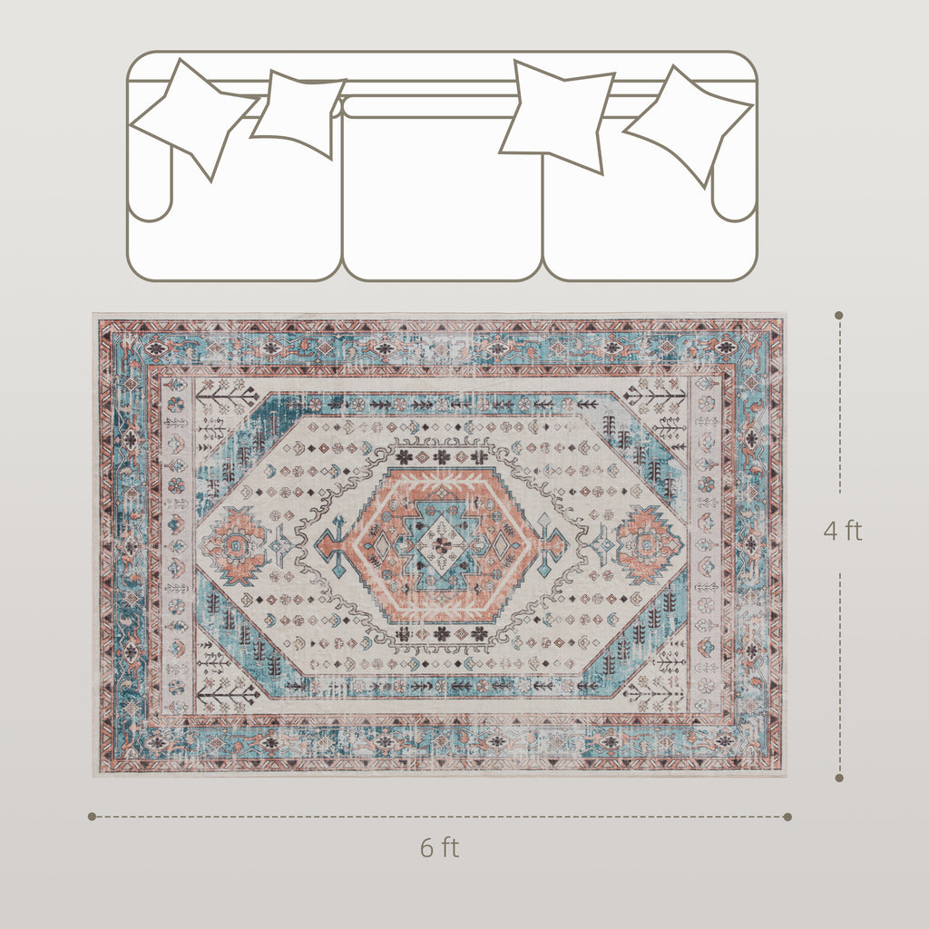 4x6 Area Rug, Vintage Machine Washable Rug, Non-Slip Floor Carpet for Living Room, Bedroom, Dining Room, Brown and Blue