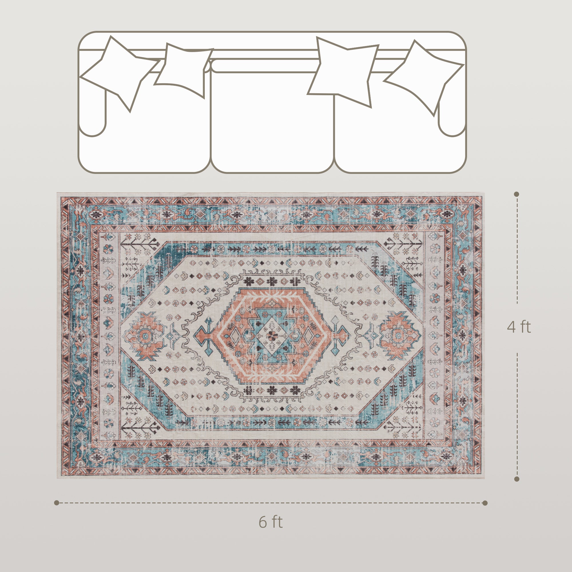 4x6 Area Rug, Vintage Machine Washable Rug, Non-Slip Floor Carpet for Living Room, Bedroom, Dining Room, Brown and Blue