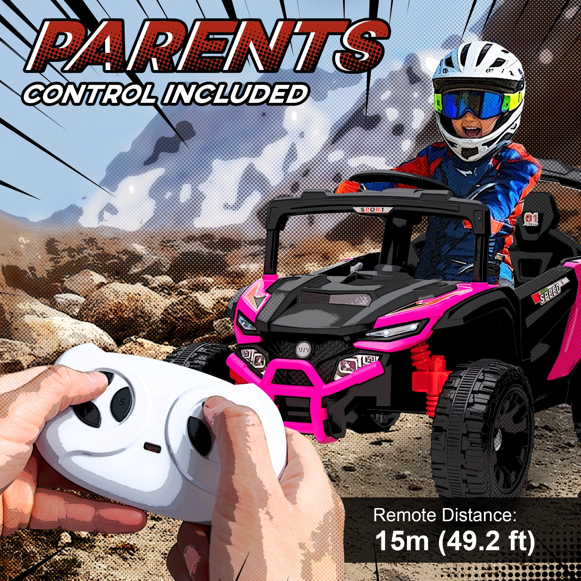 12V Kids Ride On Truck, Battery Powered Electric UTV Vehicle with Rear Suspension, Remote Control for 3-5 Years, Pink