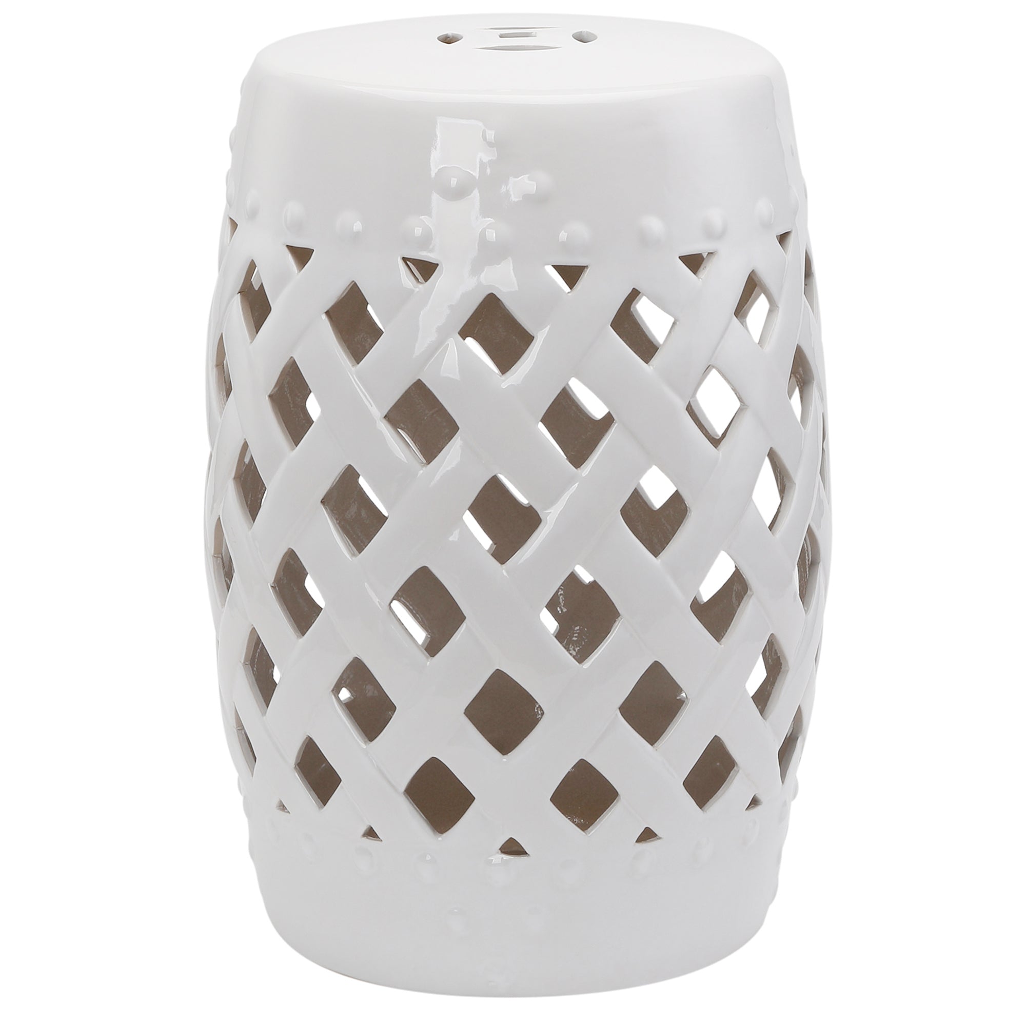 12.5" x 18" Ceramic Garden Stool with Woven Lattice Design & Glazed Strong Materials Decorative Outdoor Stool, White