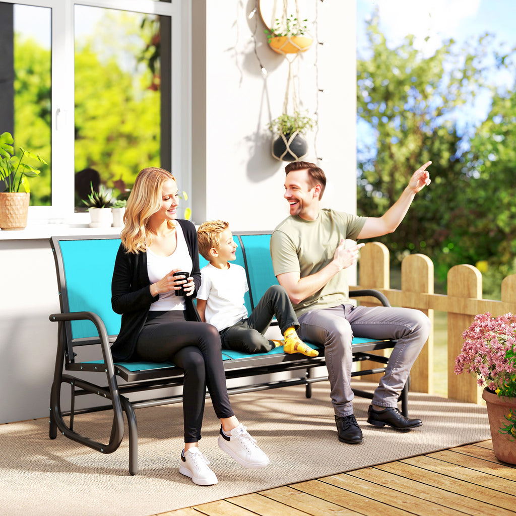 3-Person Outdoor Patio Glider Bench, Porch Glider Swing with 3 Seats, Breathable Mesh Fabric, Metal Frame, Blue