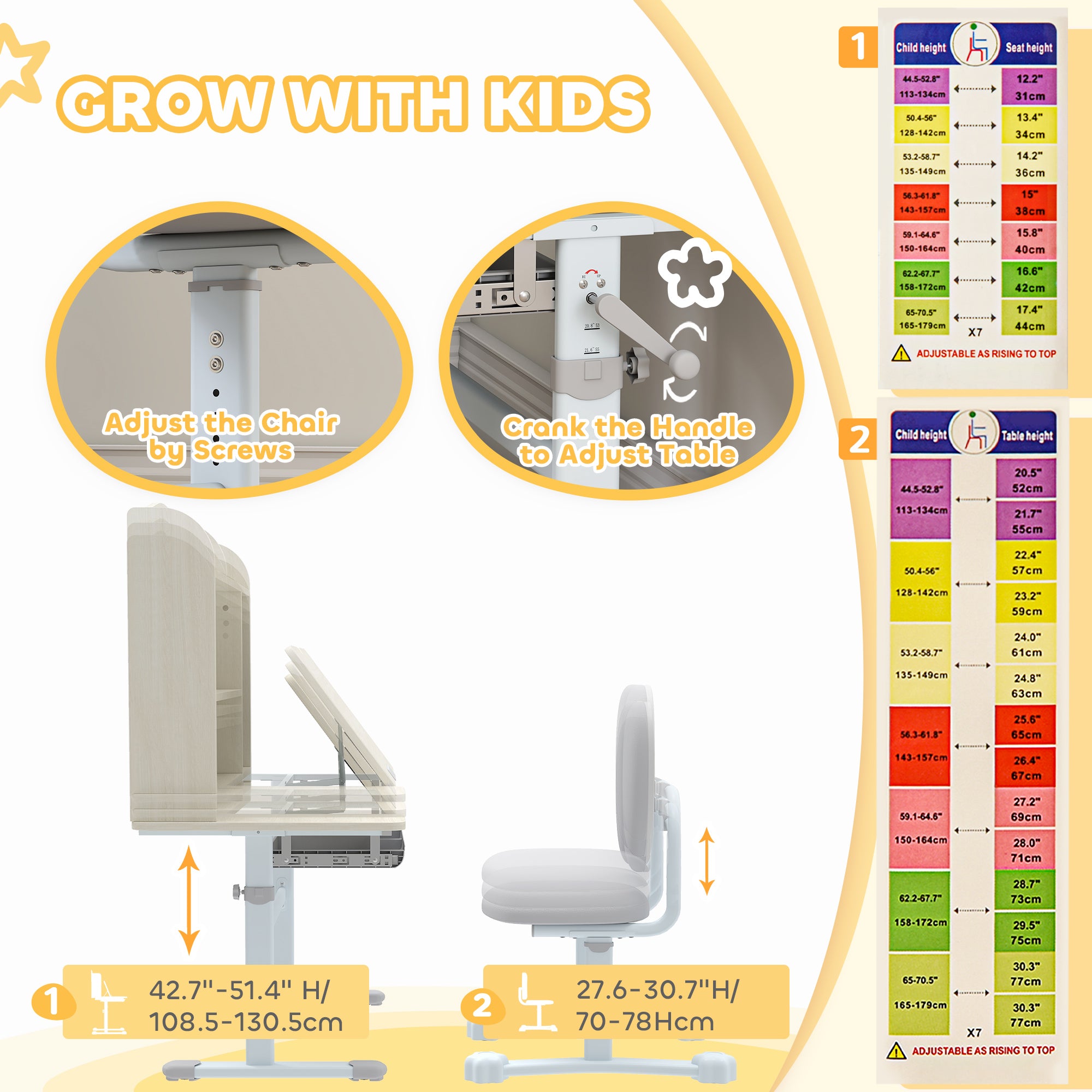 Kids Study Desk and Chair Set with Adjustable Height, Tiltable Desktop, Hutch and Drawer for Ages 3-12, Gray