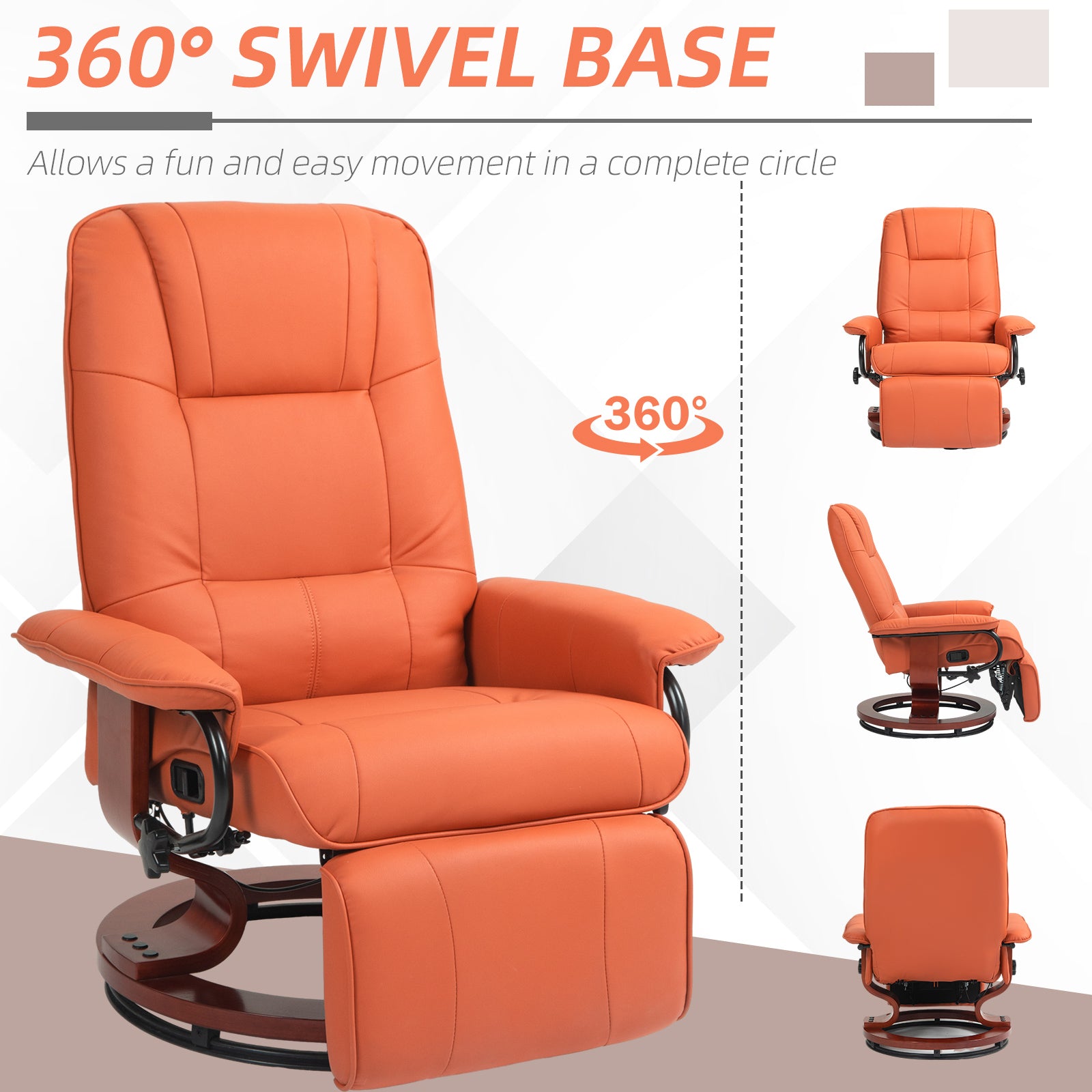 Air Leather Manual Recliner, Adjustable Swivel Lounge Chair with Footrest, Armrest and Wrapped Wood Base, Orange