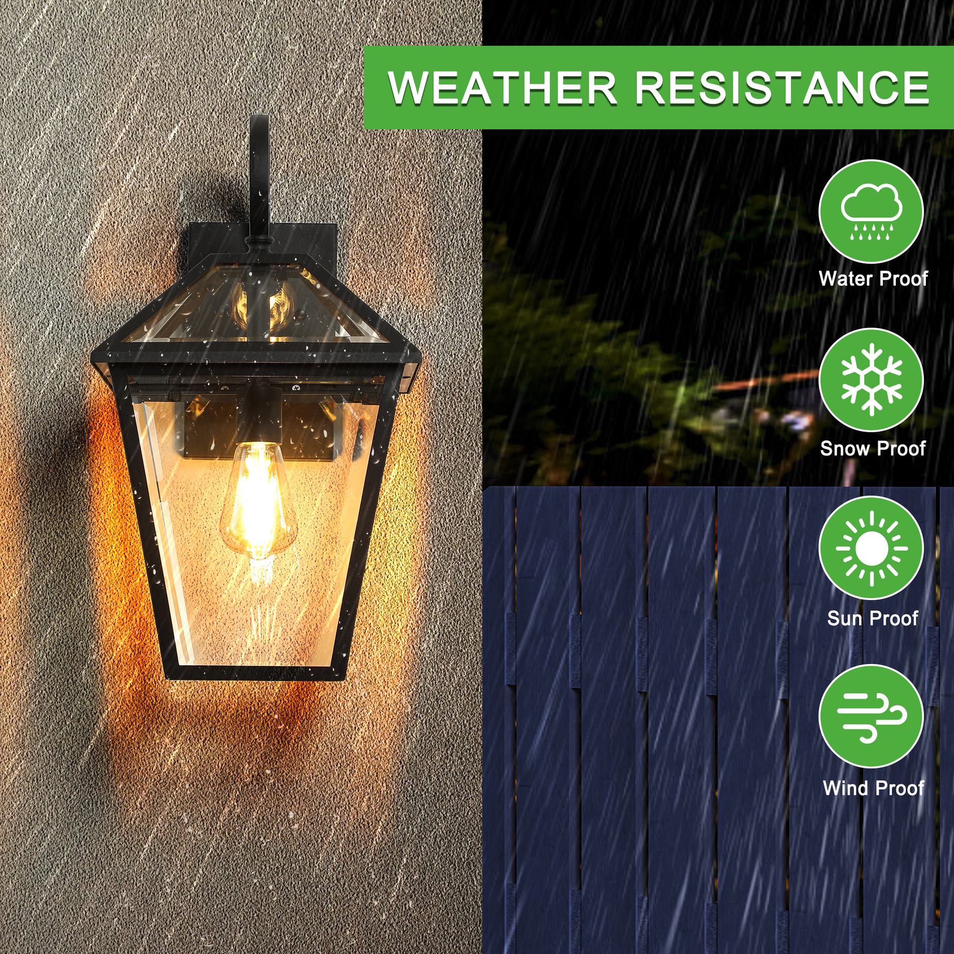 10" Outdoor Wall Lanterns with Clear Glass Panels, Weatherproof Vintage Exterior Light Fixtures, Ideal for Porch, 10" L x 8" W x 16.5" H, Black