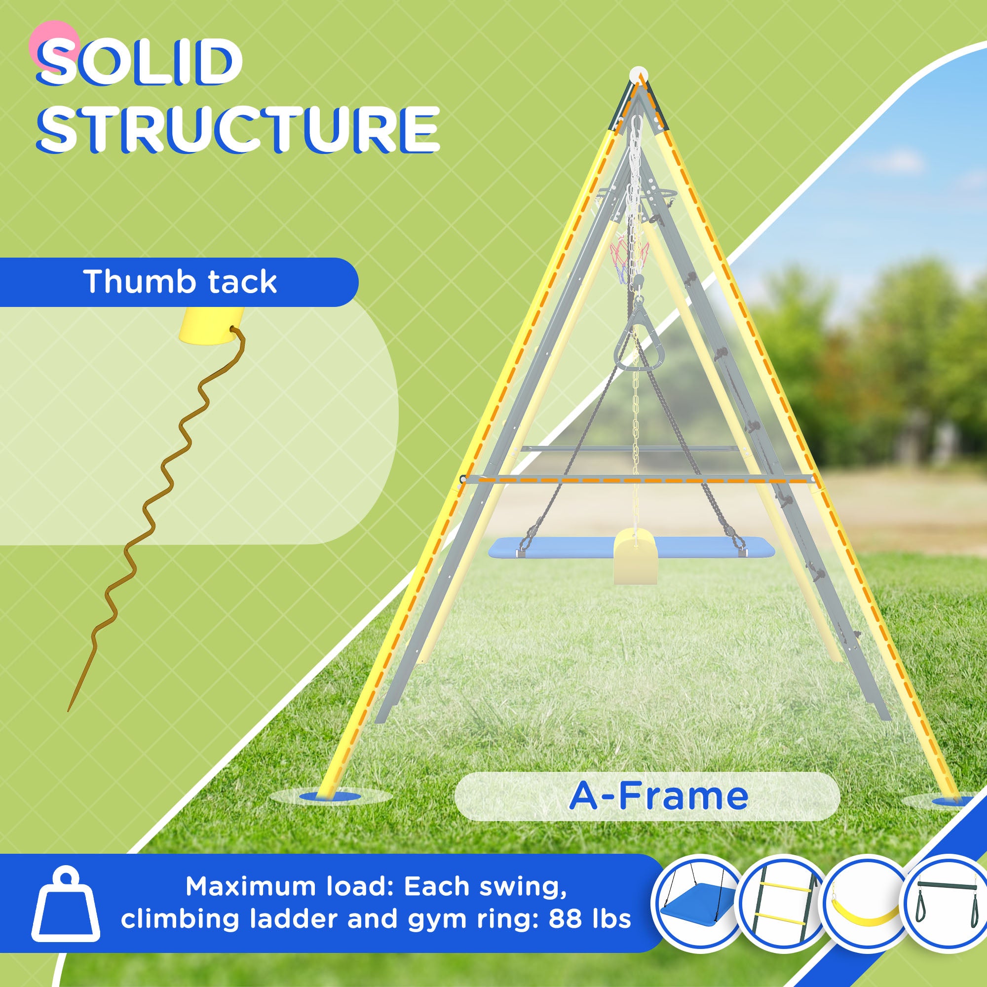 Metal Swing Set for Backyard 5 in 1 Design Holds up to 440 lbs. for Ages 3-8, Yellow