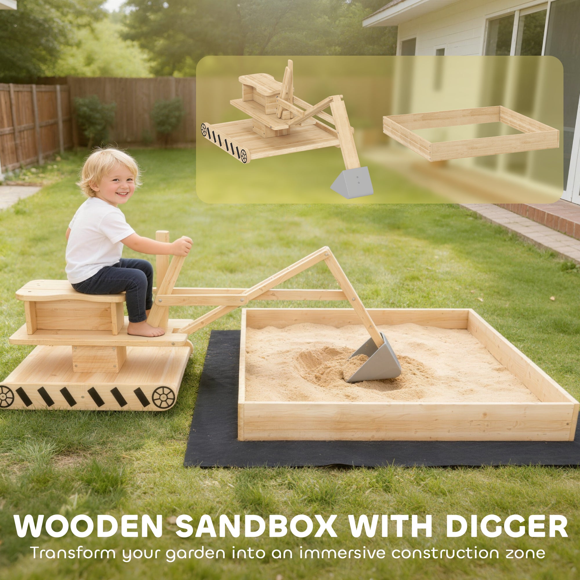 Wooden Sandbox with Digger, Kids Sandbox with 360° Rotating Seat & Bottom Liner, 72" x 35" x 22"