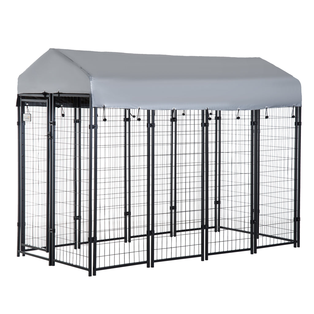 Outdoor Dog Kennel with Roof, 8' x 4' x 6' Heavy Duty Welded Wire Dog Playpen Enclosure with Escape-proof Lock, UV-Resistant & Waterproof Cover, for Large Dogs, Silver
