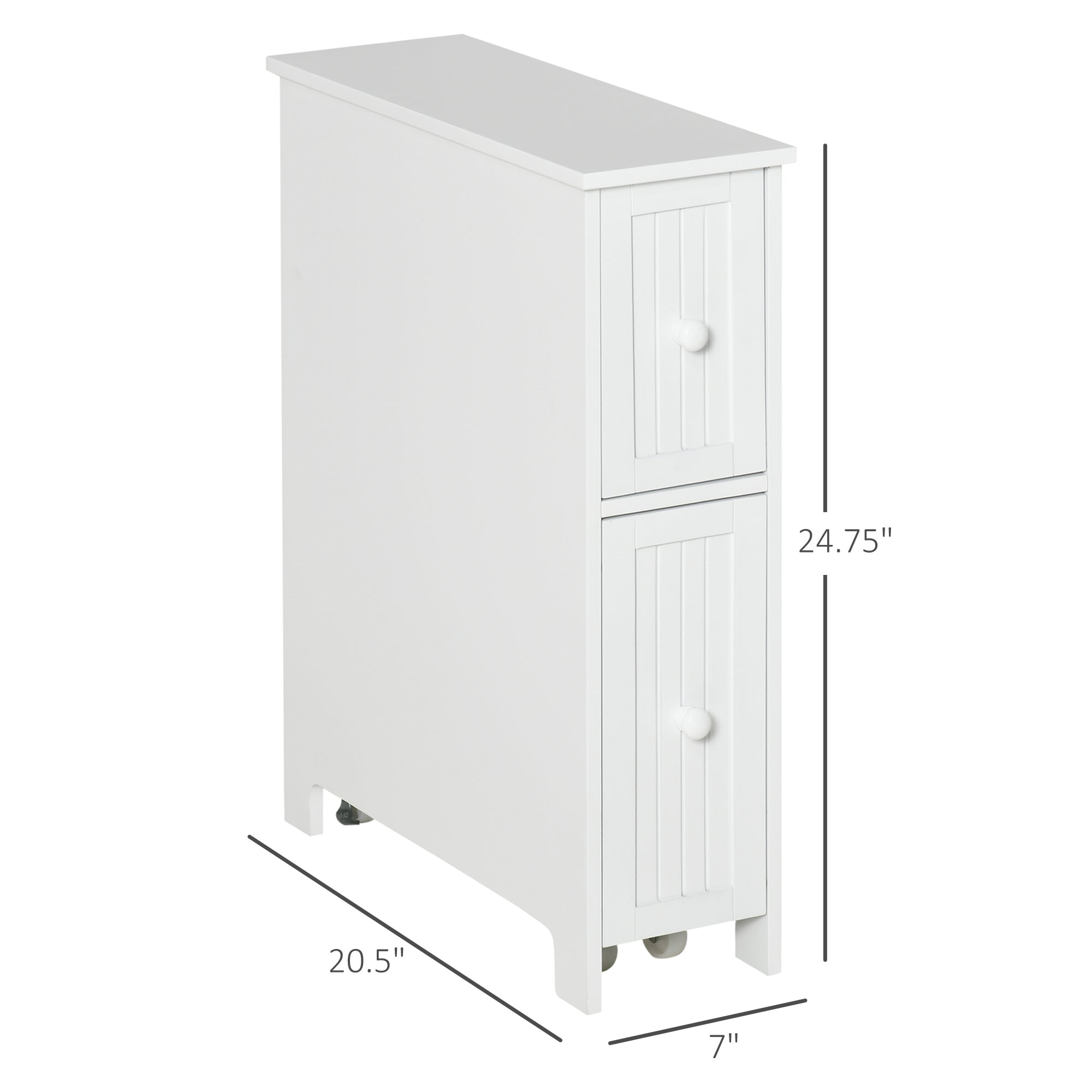 Slim Bathroom Cabinet, Freestanding Storage Cabinet, Toilet Paper Holder with Two Drawers, Side Towel Rack, and Wheels, 7 x 20.5 x 24.75 Inches, White