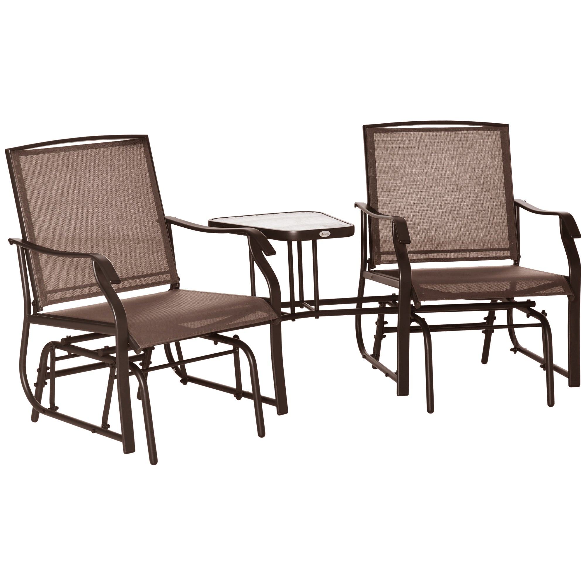 Outdoor Glider Chairs with Coffee Table, Patio 2-Seat Rocking Chair Swing Loveseat with Breathable Sling for Backyard, Garden, and Porch, Coffee Brown