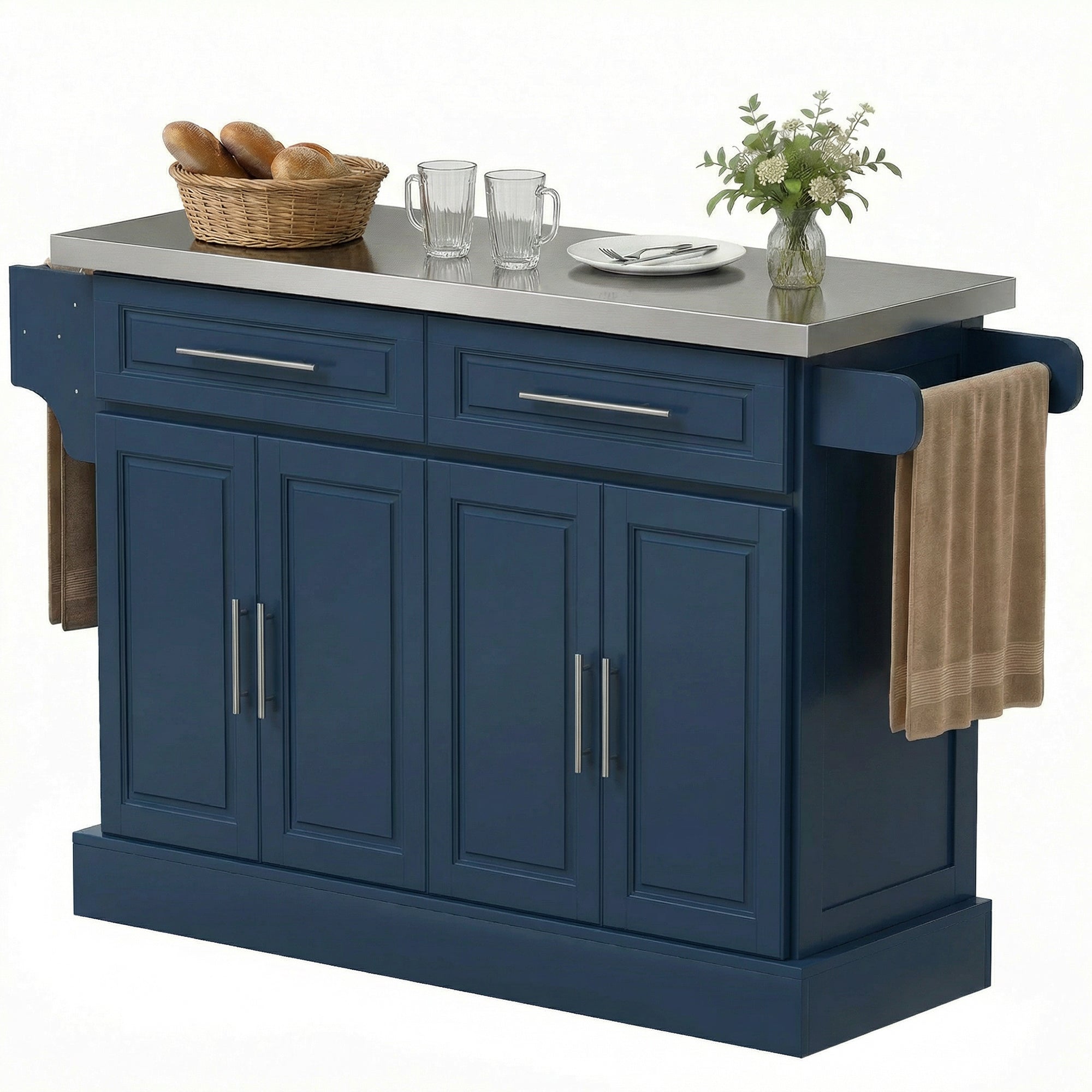 Rolling Kitchen Island with Stainless Steel Top, 2 Drawers, Spice, Knife and Towel Rack and Cabinets, Navy Blue