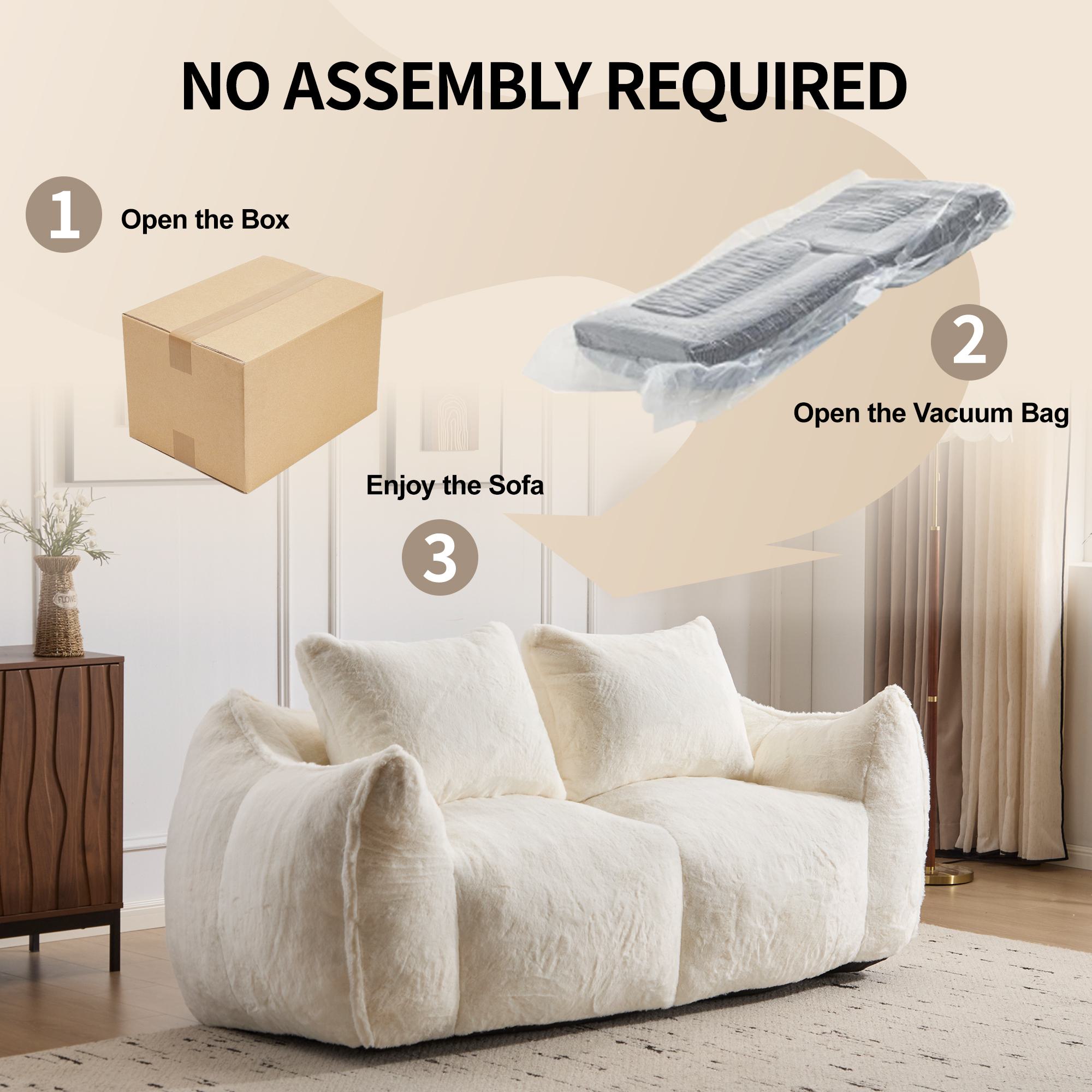 Bean Bag Sofa with High-Density Foam and Faux Fur Fabric, Compressed Sofa Oversized Fluffy Loveseat for Adults, 75" L x 42.5" W x 28.5" H, White