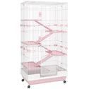32"L 6-Level Small Animal Cage Rabbit Hutch with Universal Lockable Wheels, Slide-out Tray for Bunny, Chinchillas, Ferret, Pink