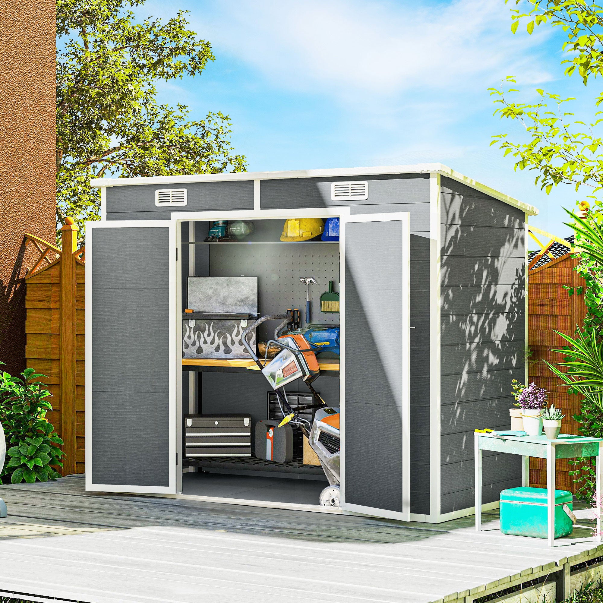 8' x 4' Plastic Outdoor Storage Shed with Floor, Window, Lockable Doors and Vents for Backyard Patio Lawn, Gray