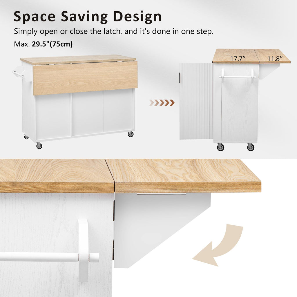 Fluted Kitchen Island with Drop Leaf, Internal Storage Rack, Rolling Kitchen Cart with Towel Rack, Adjustable Shelves, Smooth Curved Edge, White