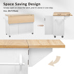 Fluted Kitchen Island with Drop Leaf, Internal Storage Rack, Rolling Kitchen Cart with Towel Rack, Adjustable Shelves, Smooth Curved Edge, White