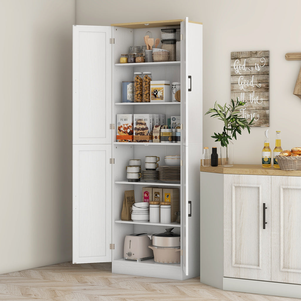 Freestanding Kitchen Pantry, 4-Door Kitchen Pantry Cabinet with Adjustable Shelves and Doors, Distressed White