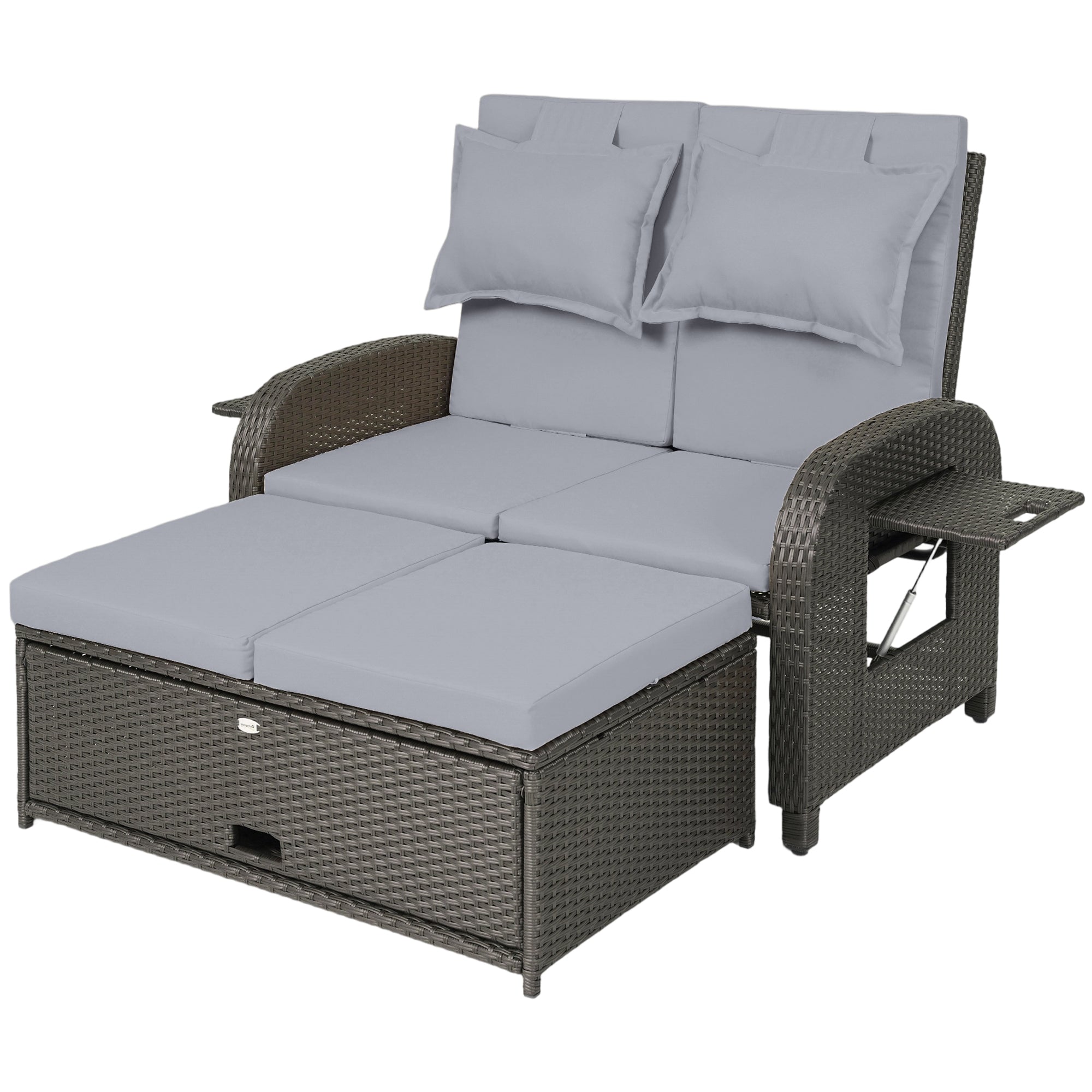 Patio Rattan Daybed, Wicker Outdoor Daybed with Storage Ottoman, Loveseat w/ Adjustable Backrest, Gray
