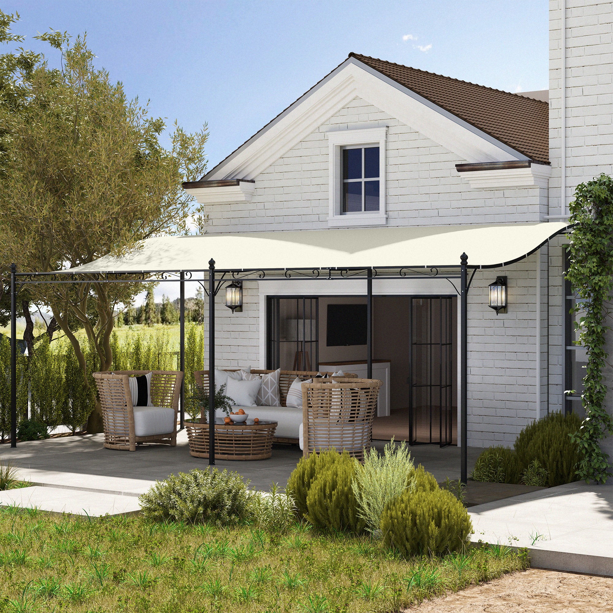 10' x 20' Wall-Mounted Outdoor Pergola Canopy, Metal Patio Canopy with Drainage Holes for Backyard Garden, Cream White