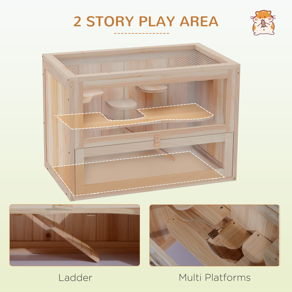 2-Level Hamster Cage Mice and Rat House, Small Animal Habitat for Guinea Pigs, Chinchillas with Openable Top, Front Door, Shelf and Ladder, Natural