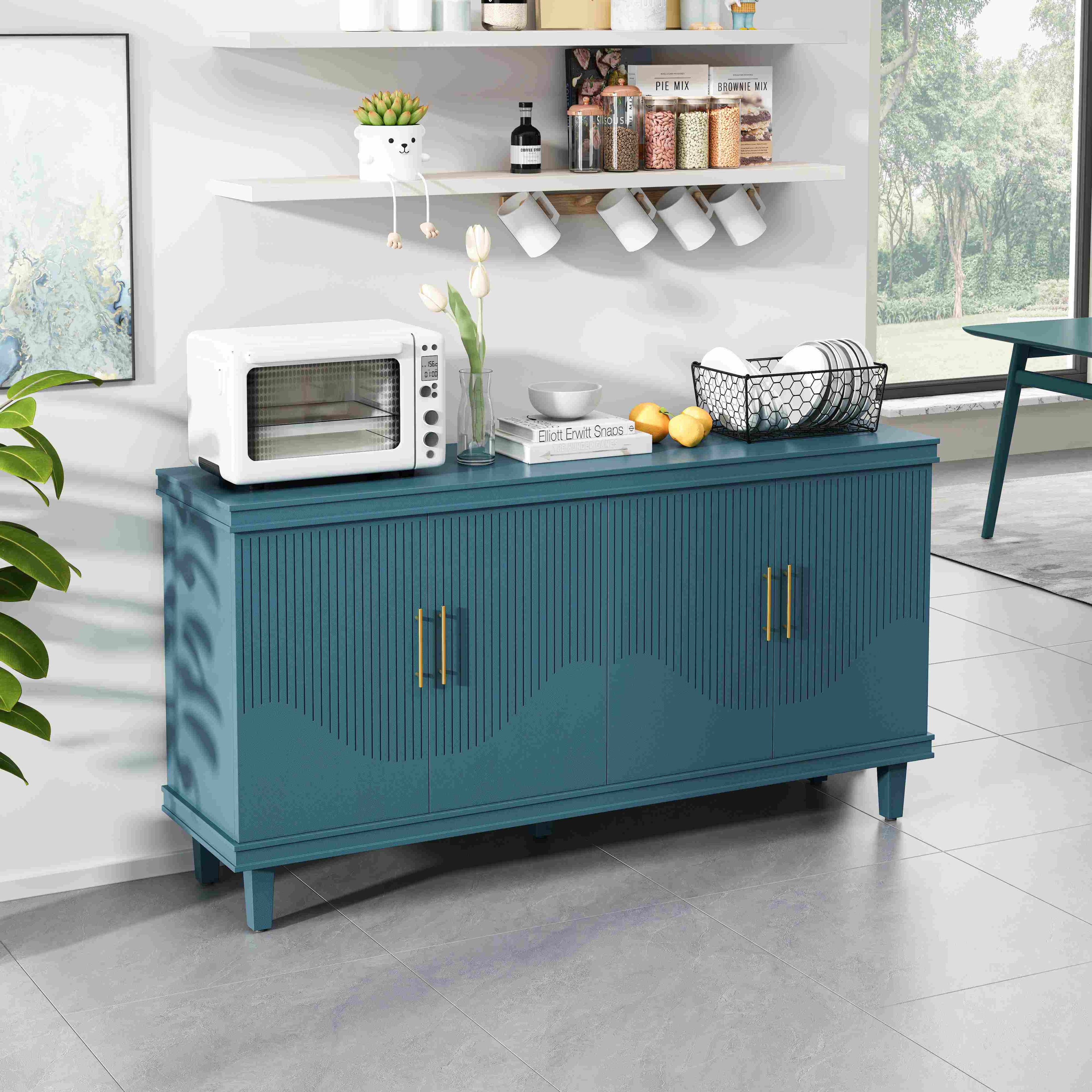 59.84'' Large 4-Door Cabinet, Solid Wood and MDF, Adjustable Shelves, 330 lbs Top Surface Capacity, 59.84''L x 15.75''W x 32.28''H, Blue