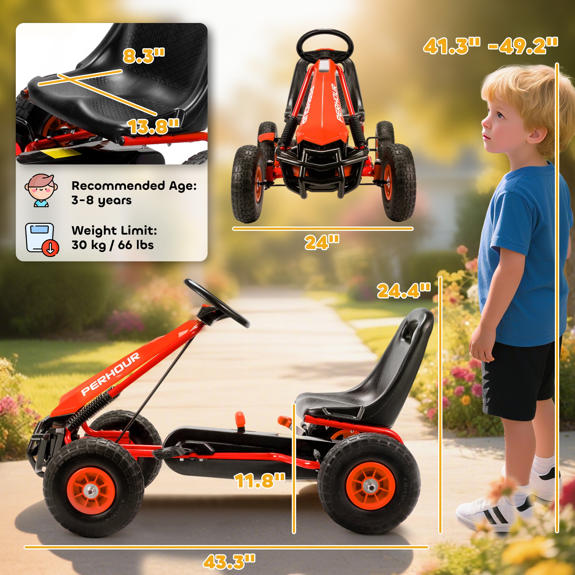 Kids Go Kart, Pedal Car with Adjustable Seat, EVA Wheels, Brake, for Boys & Girls Aged 3-8 Years Old, Red