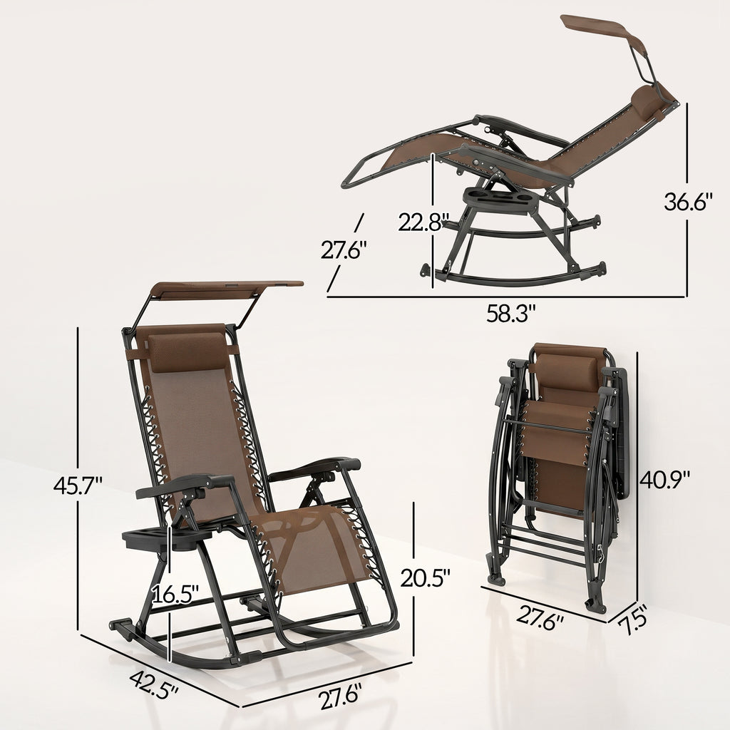 2 Outdoor Rocking Chairs Foldable Reclining Zero Gravity Lounge Rockers w/ Pillow Cup & Phone Holder, Brown