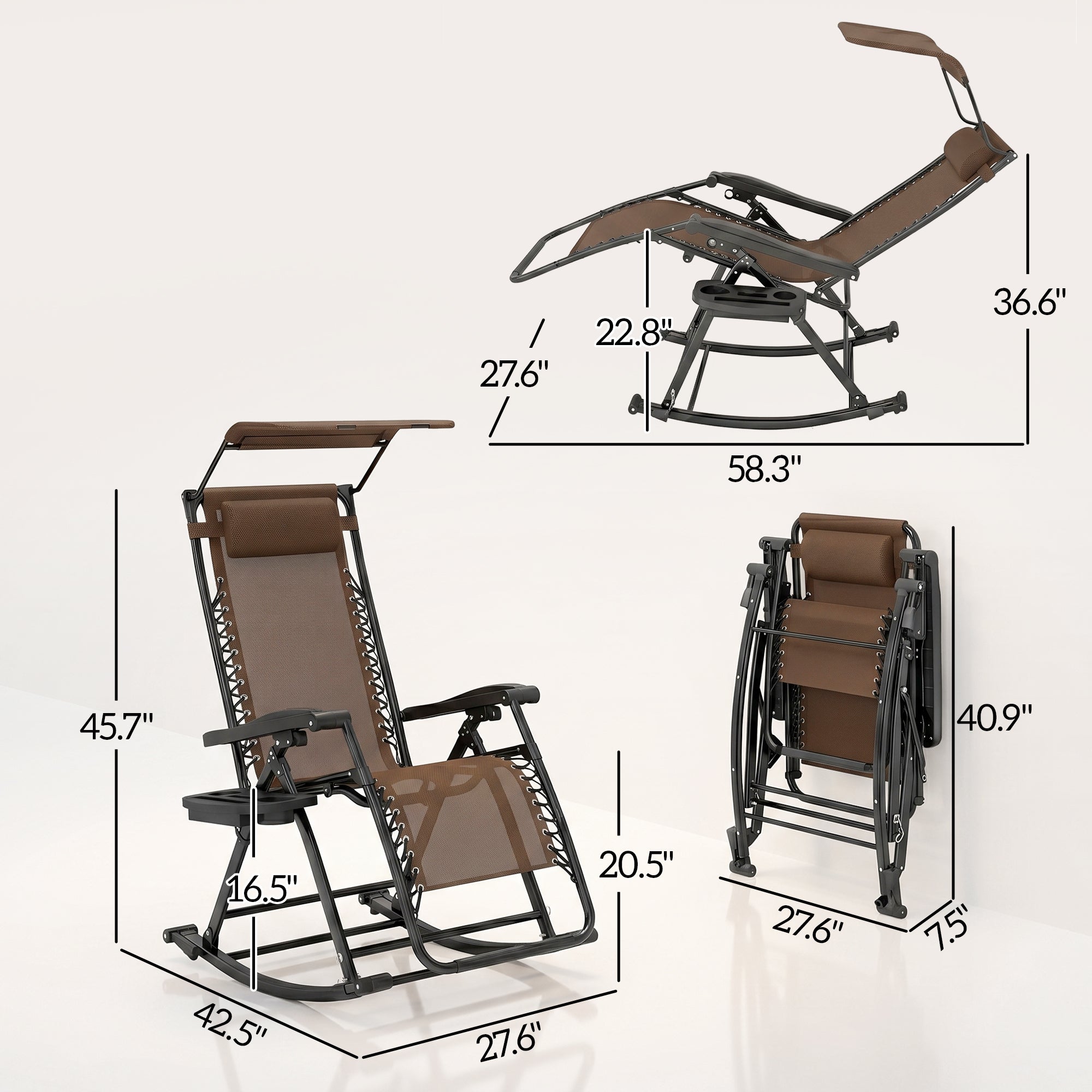 2 Outdoor Rocking Chairs Foldable Reclining Zero Gravity Lounge Rockers w/ Pillow Cup & Phone Holder, Brown