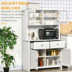 63.5" Kitchen Buffet with Hutch, Pantry Storage Cabinet with 4 Shelves, Drawers, Framed Glass Doors, Open Microwave Countertop, Antique White