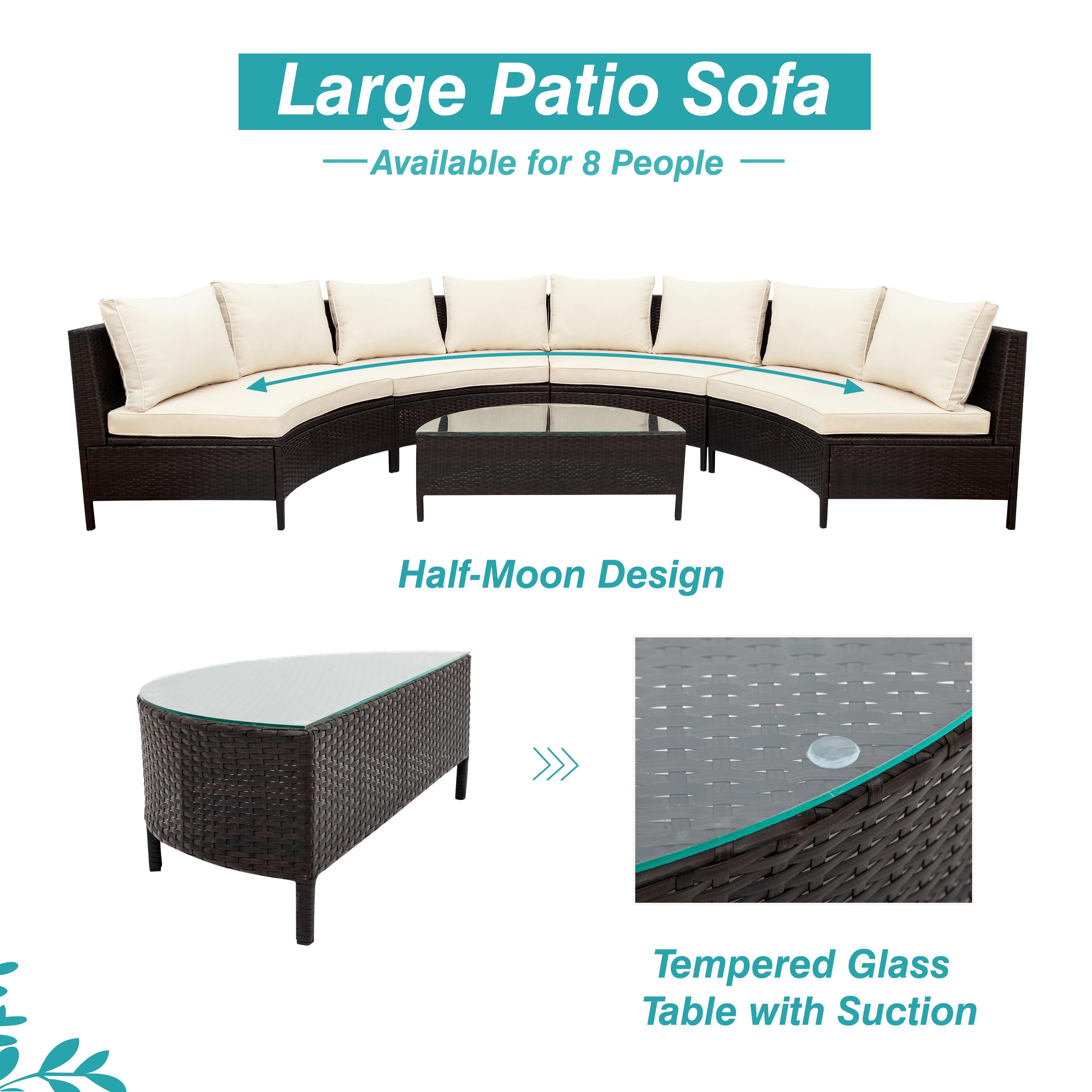 5 Piece Half-Moon Patio Sectional with Glass Table, All-Weather Wicker Sofa with Thick Cushions, 47.5" L x 27" W x 27" H, Beige