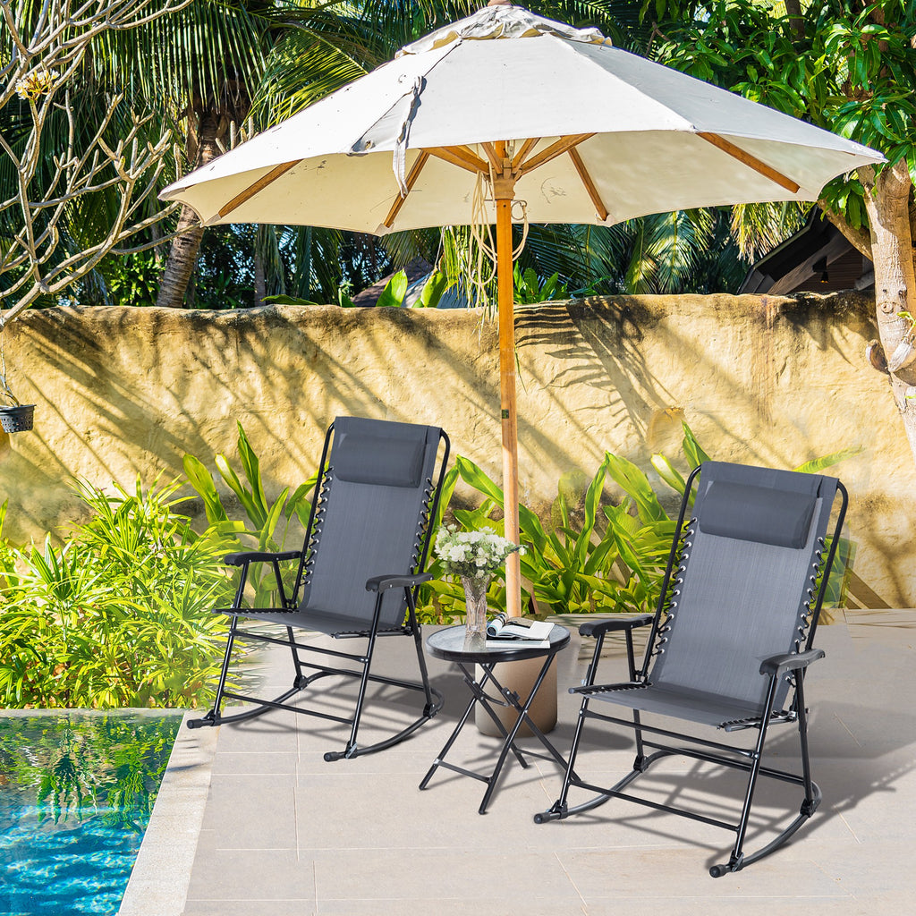 Outdoor Folding Rocking Chair Patio Table Seating Set, 2 Rocking Chairs with Armrests and 1 Side Table with Tempered Glass - Gray