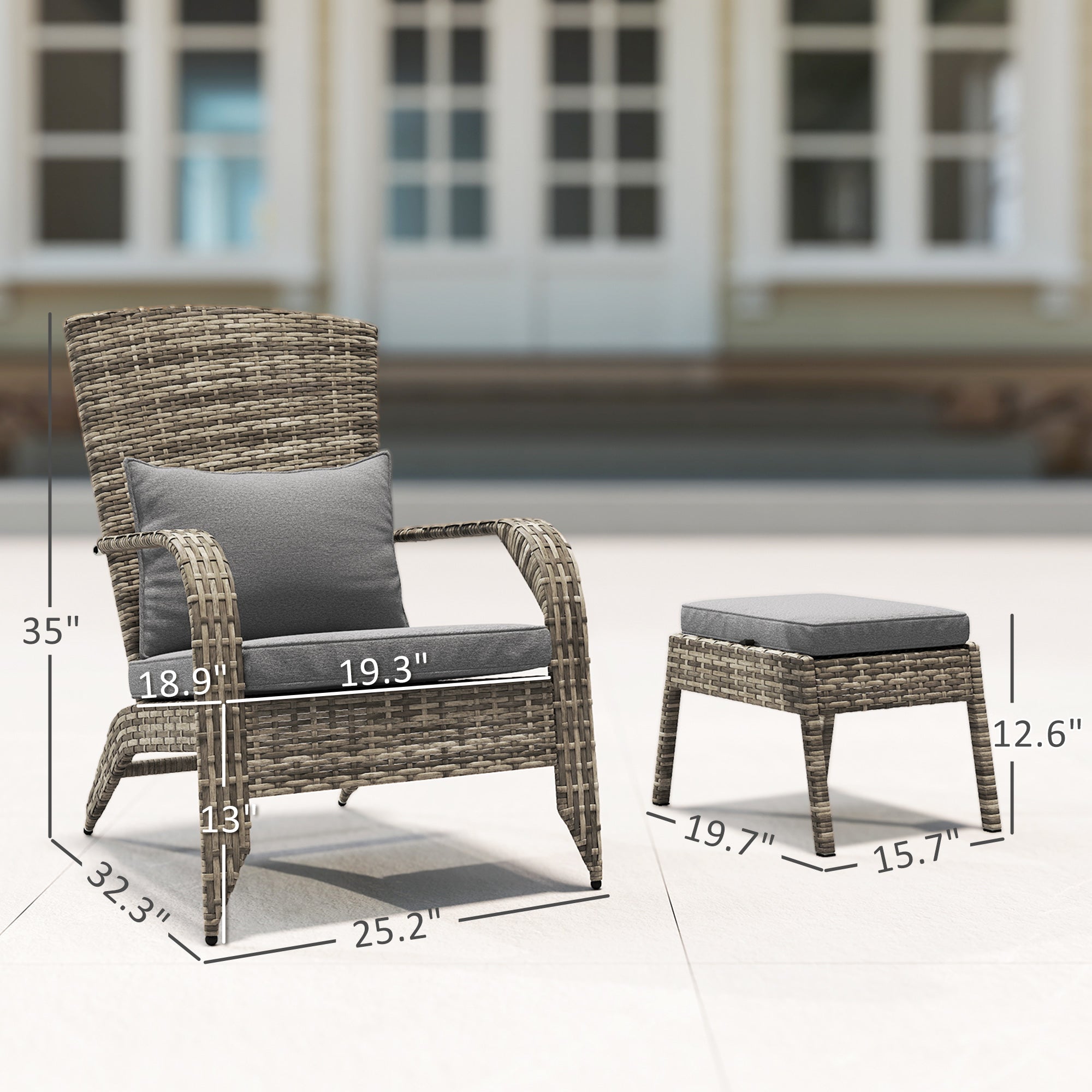 Wicker Adirondack Chair Fire Pit Chair w/ Ottoman & Cushions, Gray